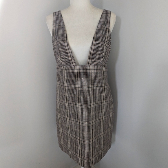 Zara Dress Brown Tan Plaid Pinafore Jumper Mini Dress Sequin Detail Size Medium - Picture 5 of 12